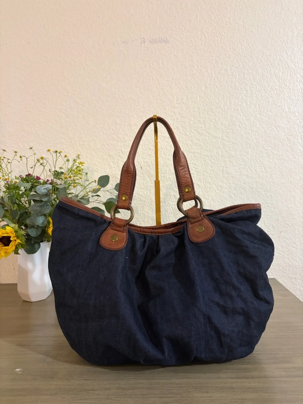Lucky Brand Dark Blue Canvas Tote with Brown Leather Trim